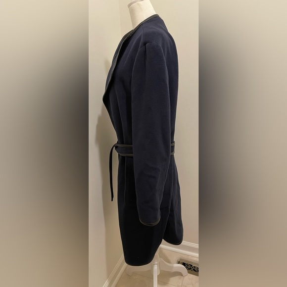 Elie Tahari Faux Leather-Trimmed Cashmere Wool Blend Wrap Coat Navy XL Womens - Picture 7 of 15